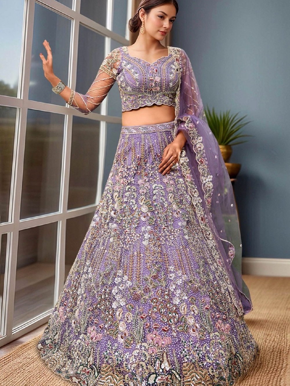 Mauve Lavender Floral Embroidered Lehenga 3 Piece Set - Small Like Brand New